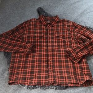 Orvis brown and orange button-up shirt